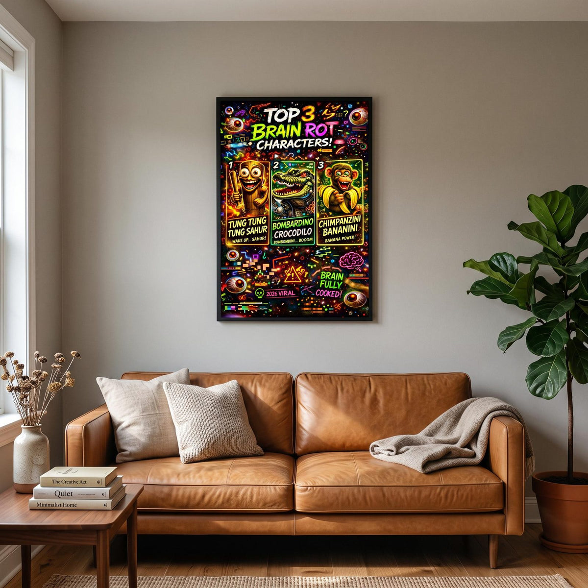 Top 3 Brain Rot Characters Poster hanging on a living room wall