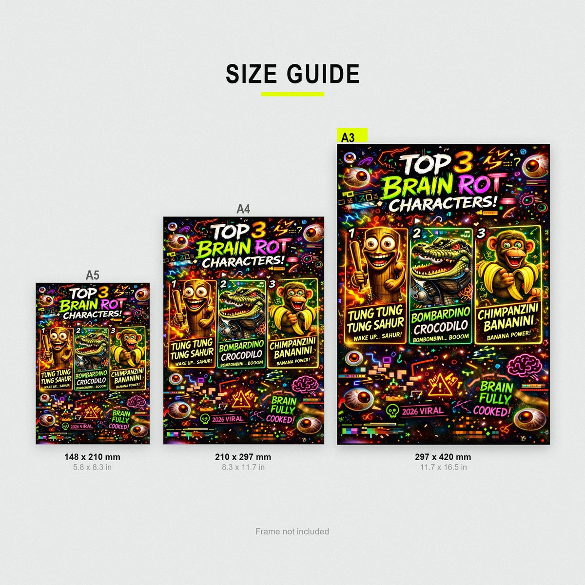 Top 3 Brain Rot Characters Poster size guide showing A3, A4 and A5