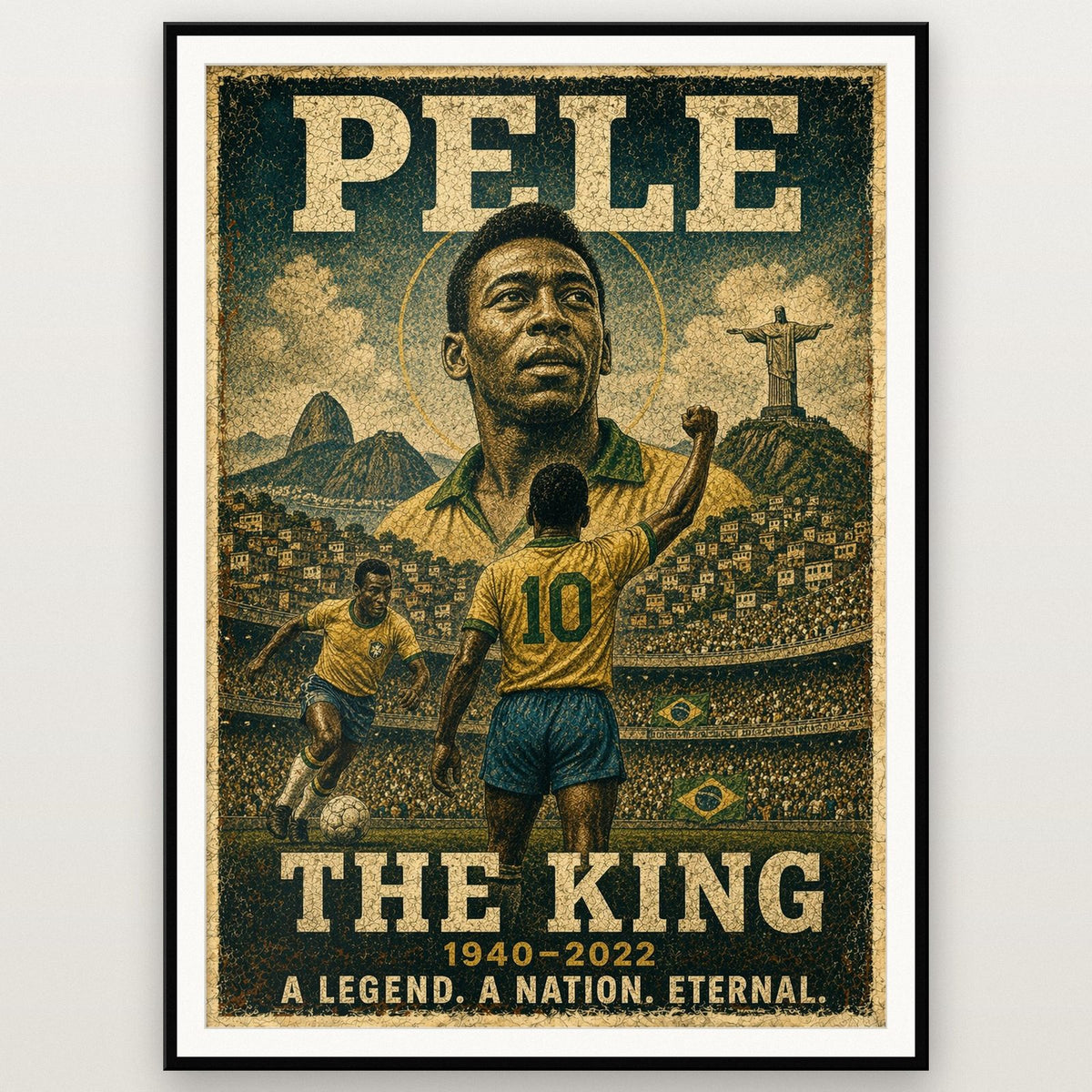 Pelé Poster Print shown in a black frame