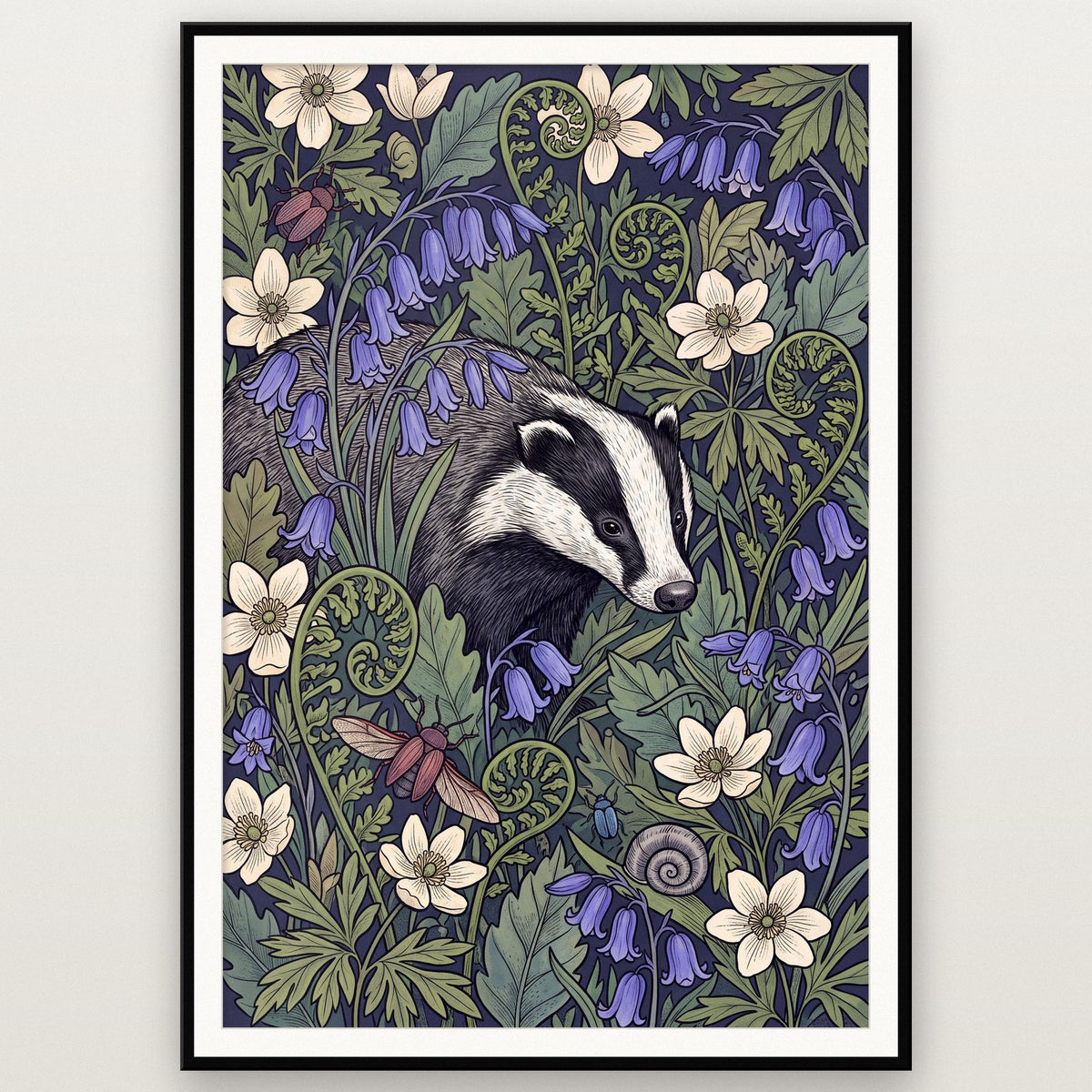 Badger In Bluebells Botanical Art Print