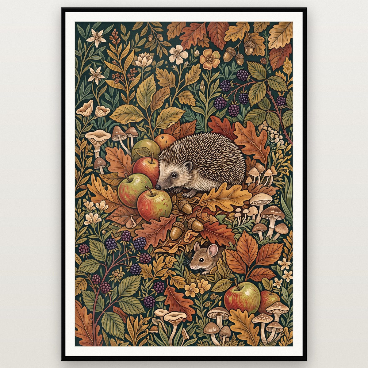 Hedgehog In Autumn Botanical Art Print