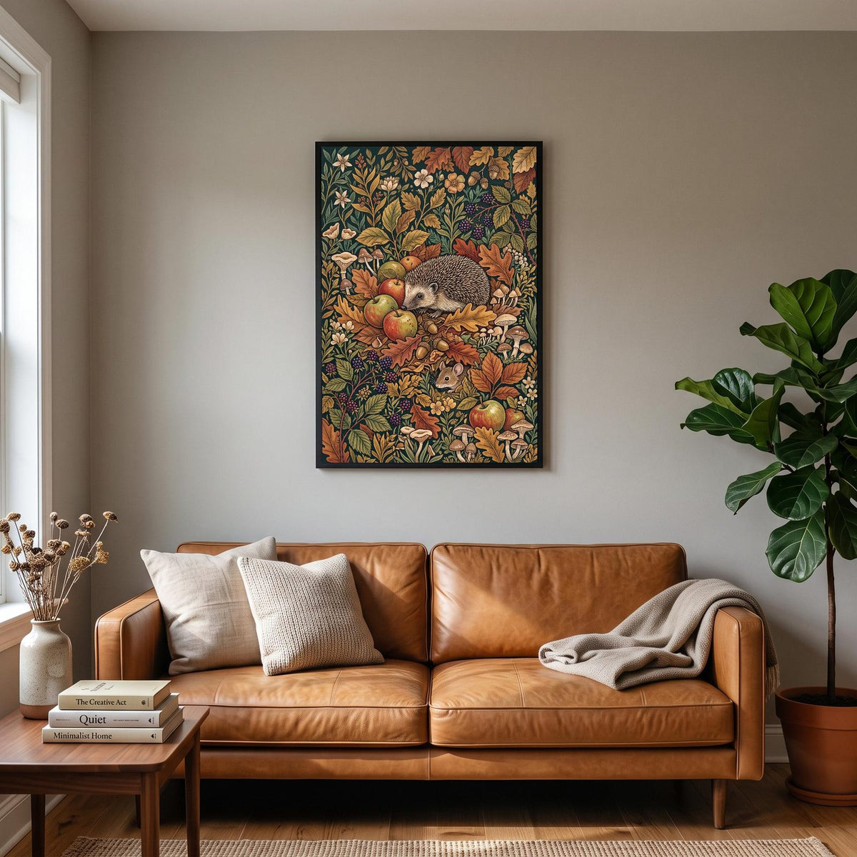 Hedgehog In Autumn Botanical Art Print
