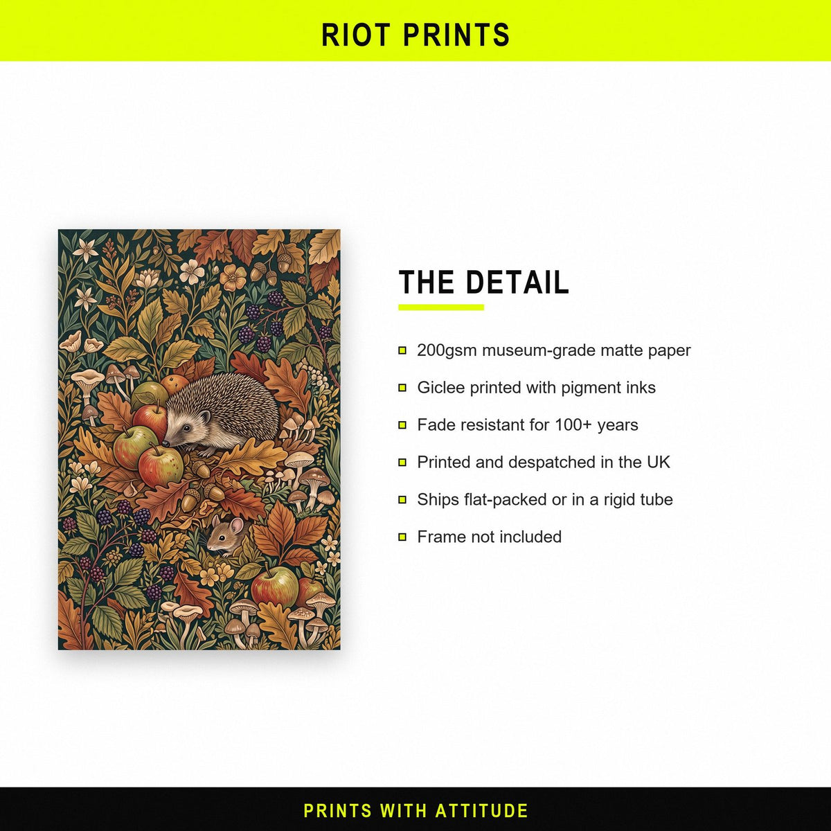 Hedgehog In Autumn Botanical Art Print