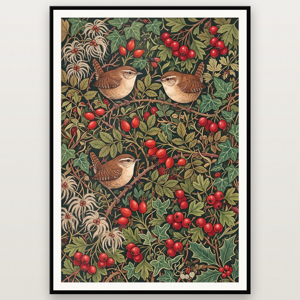 Wrens In The Hedgerow Botanical Art Print