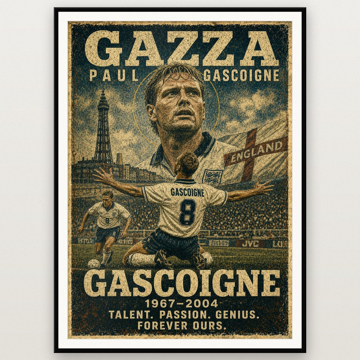 Paul Gascoigne England Football Legend Poster shown in a black frame
