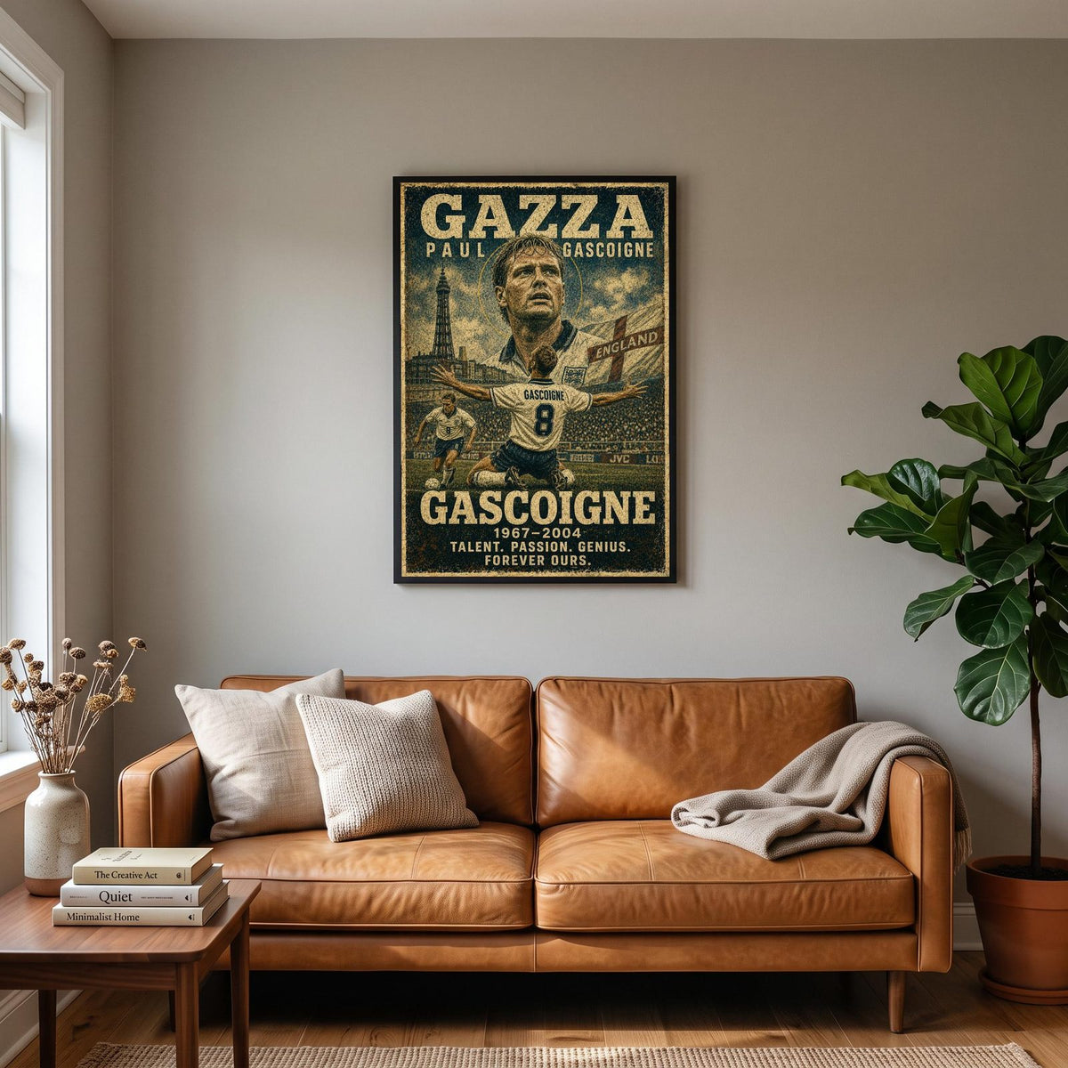 Paul Gascoigne England Football Legend Poster hanging on a living room wall