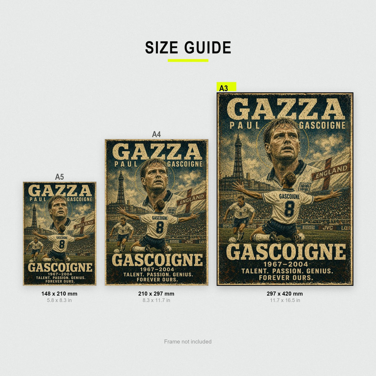 Paul Gascoigne England Football Legend Poster size guide showing A3, A4 and A5