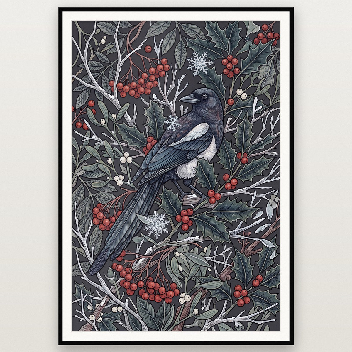 Magpies In Winter Botanical Art Print