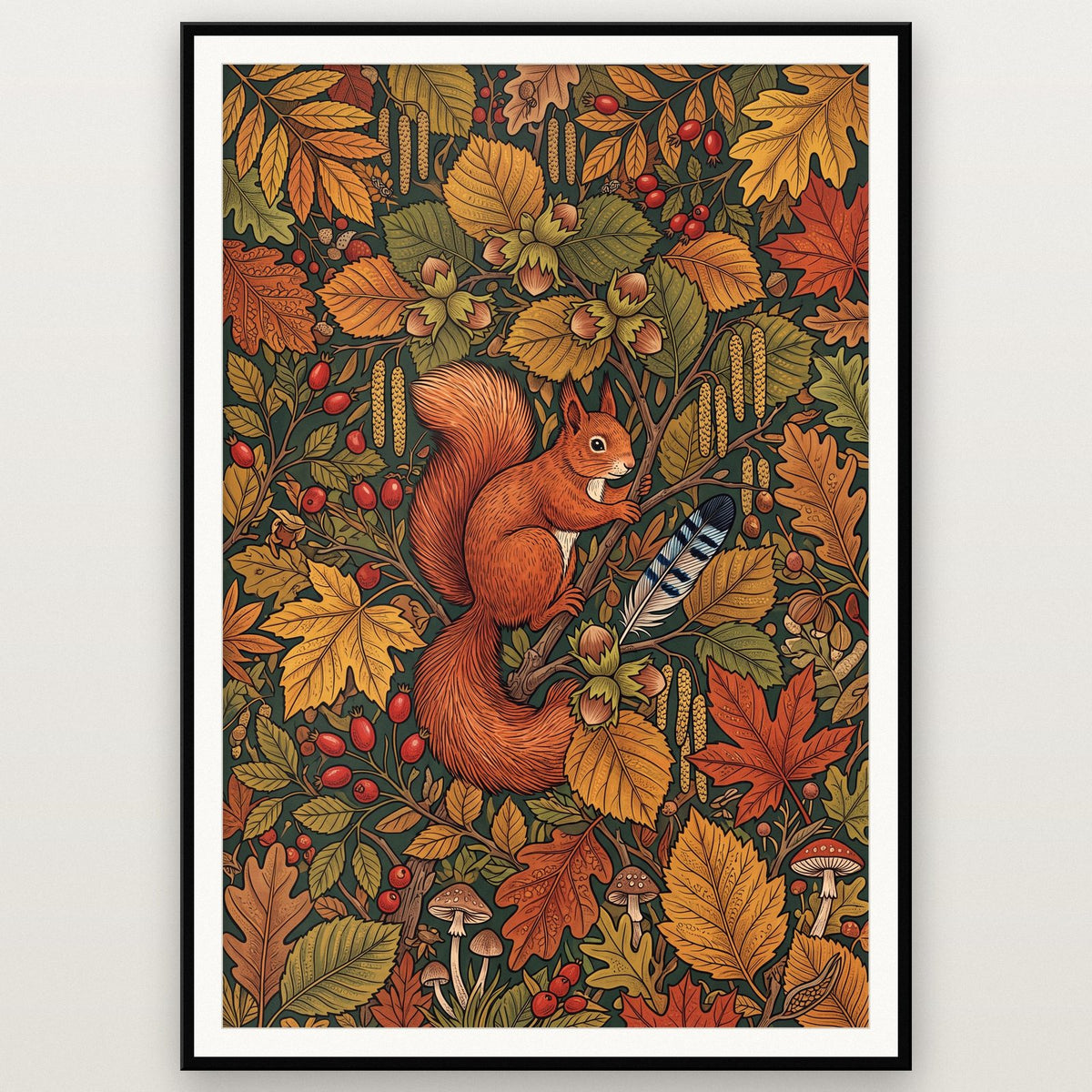 Red Squirrel In Autumn Botanical Art Print