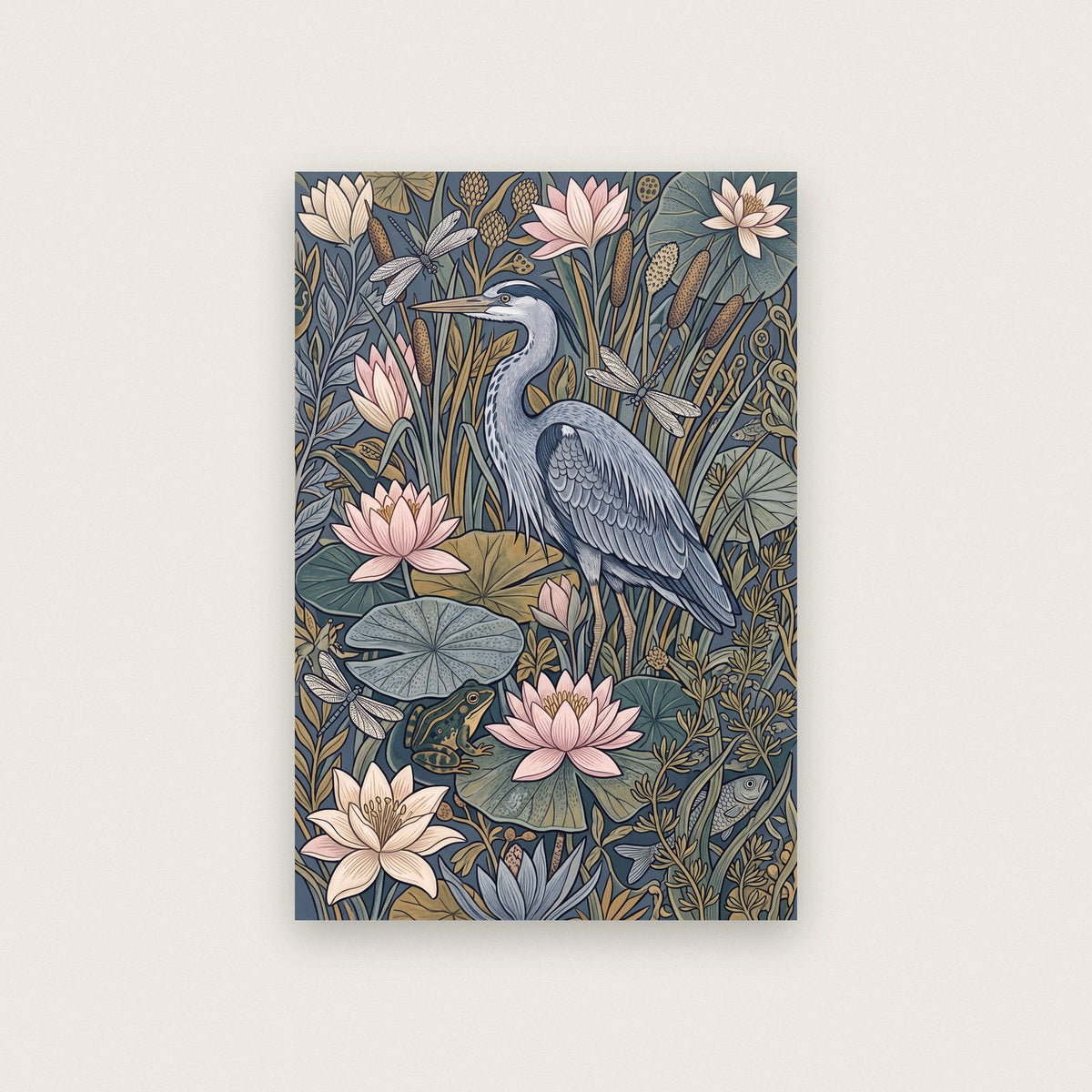 Heron And Water Lilies Botanical Art Print