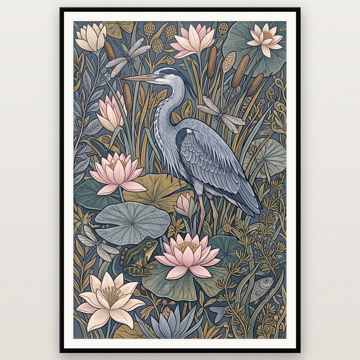 Heron And Water Lilies Botanical Art Print