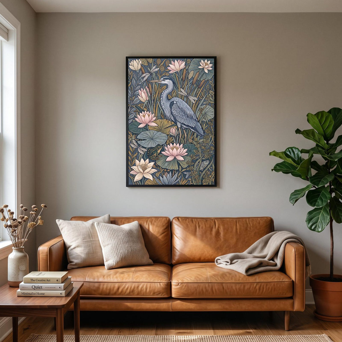 Heron And Water Lilies Botanical Art Print