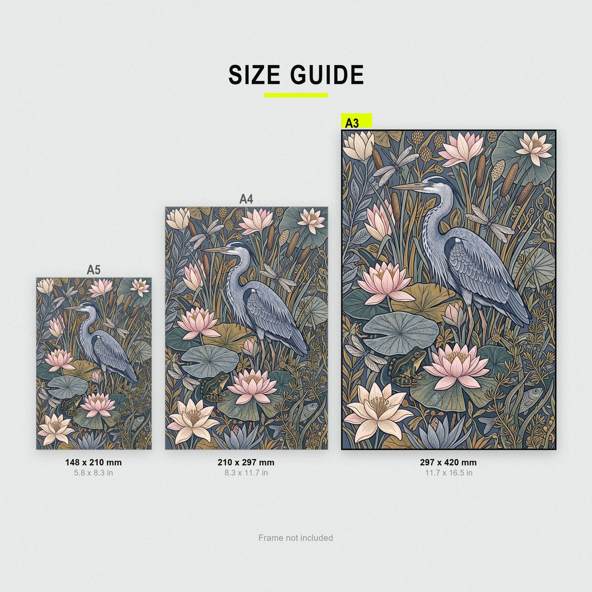 Heron And Water Lilies Botanical Art Print
