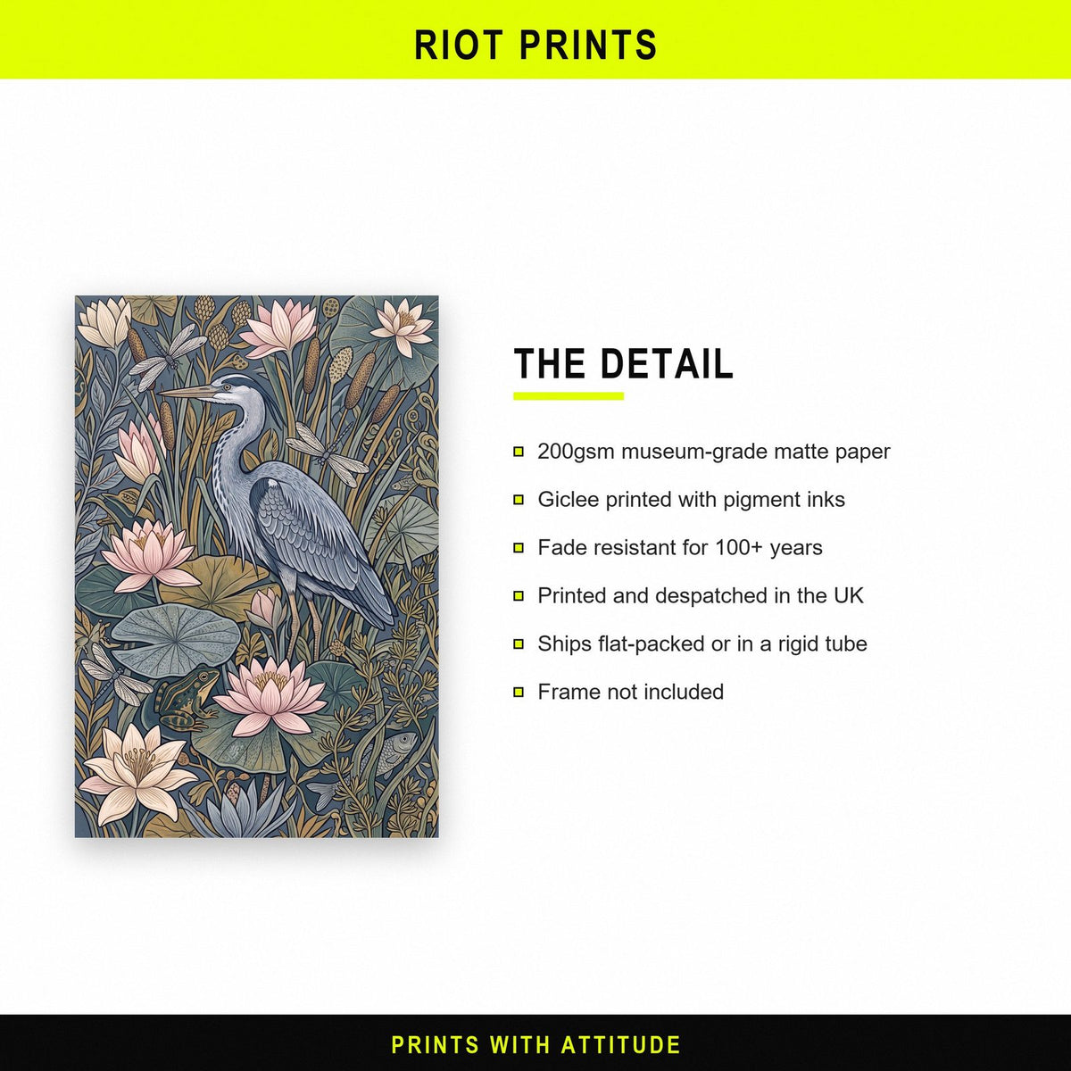 Heron And Water Lilies Botanical Art Print