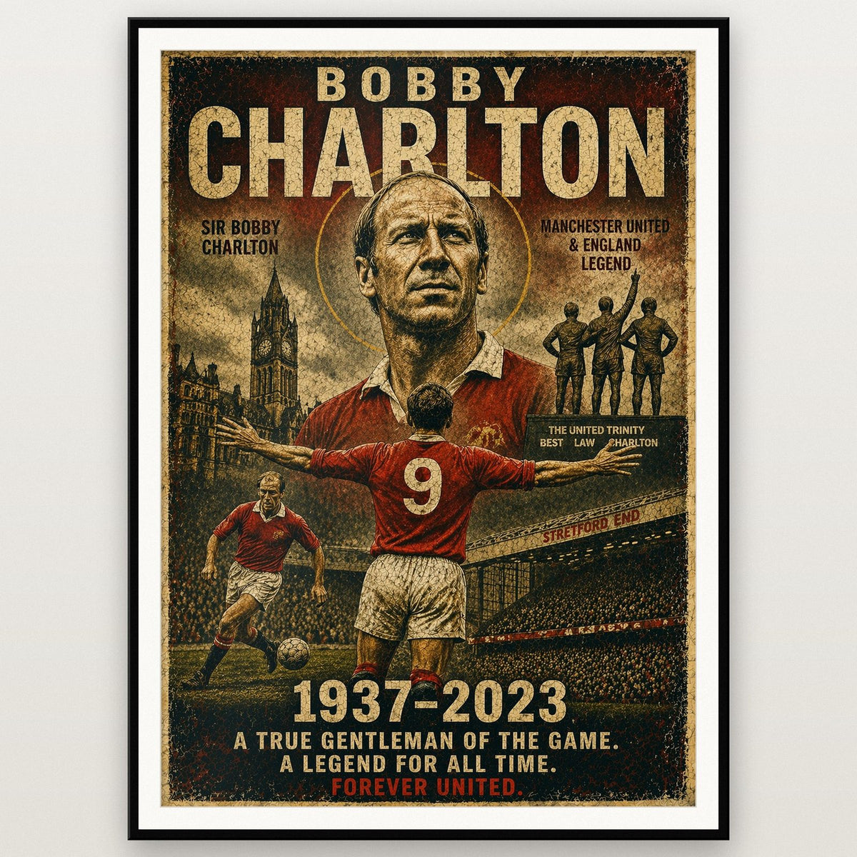 Bobby Charlton England Football Legend Print shown in a black frame