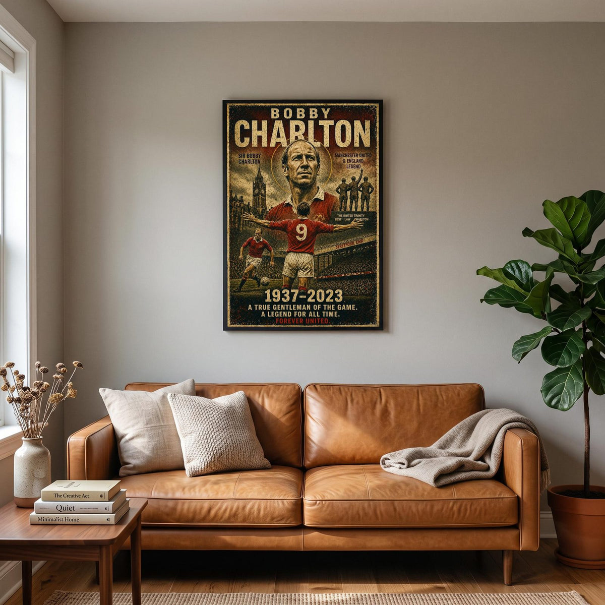 Bobby Charlton England Football Legend Print hanging on a living room wall