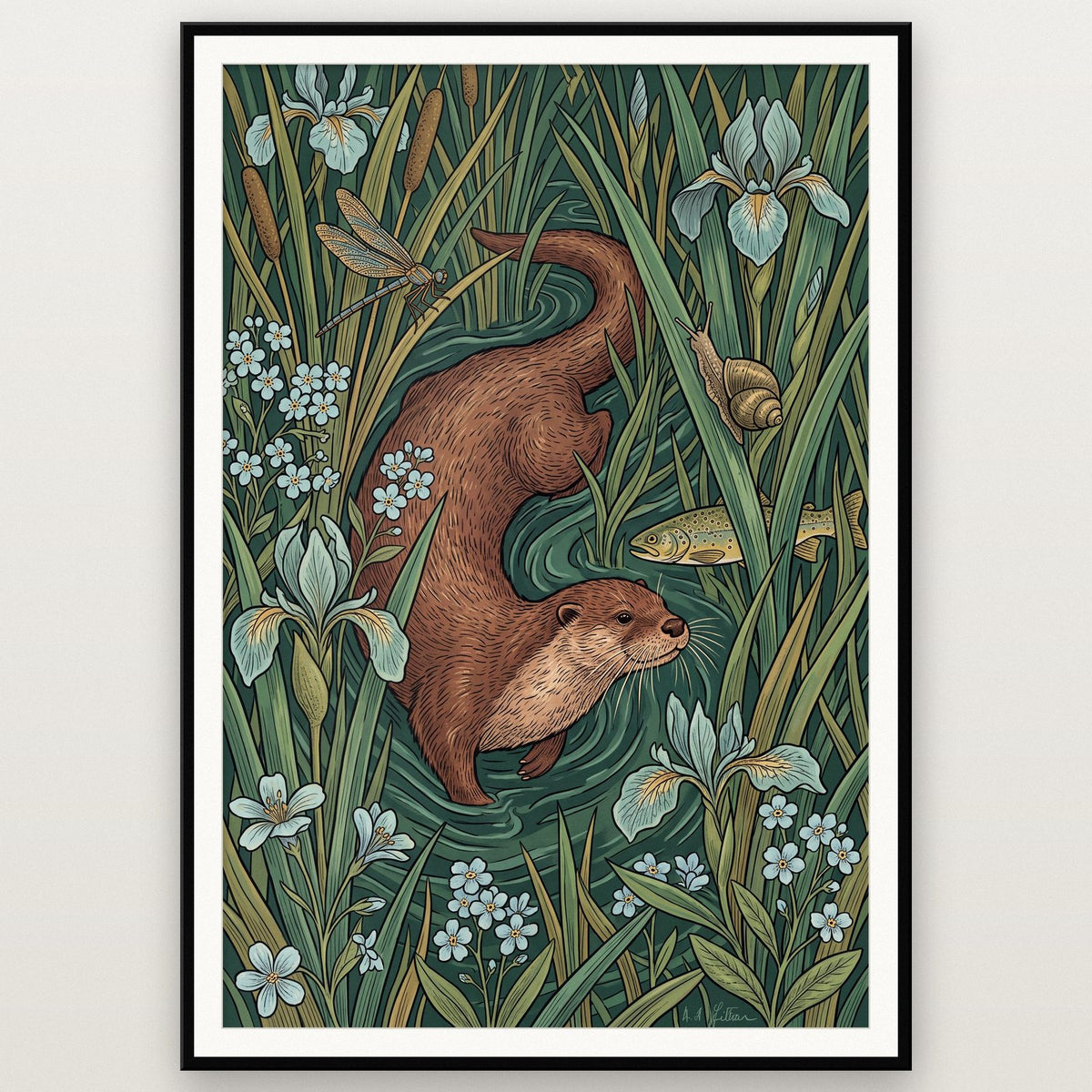 Otters In The Reeds Botanical Art Print
