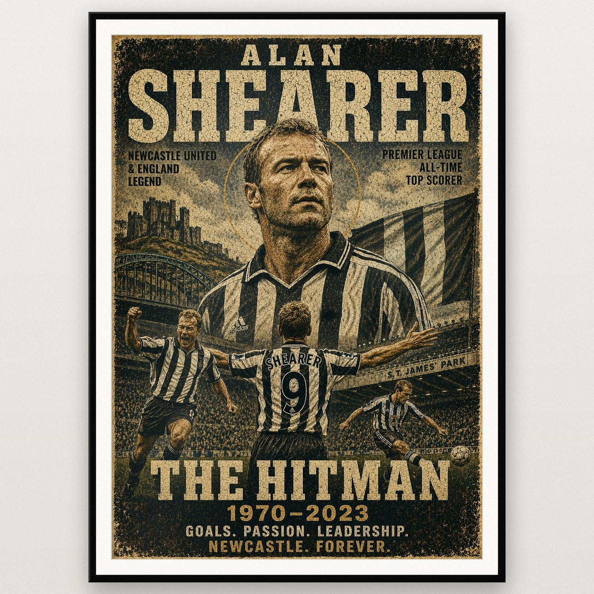 Alan Shearer Newcastle United Legend Print shown in a black frame