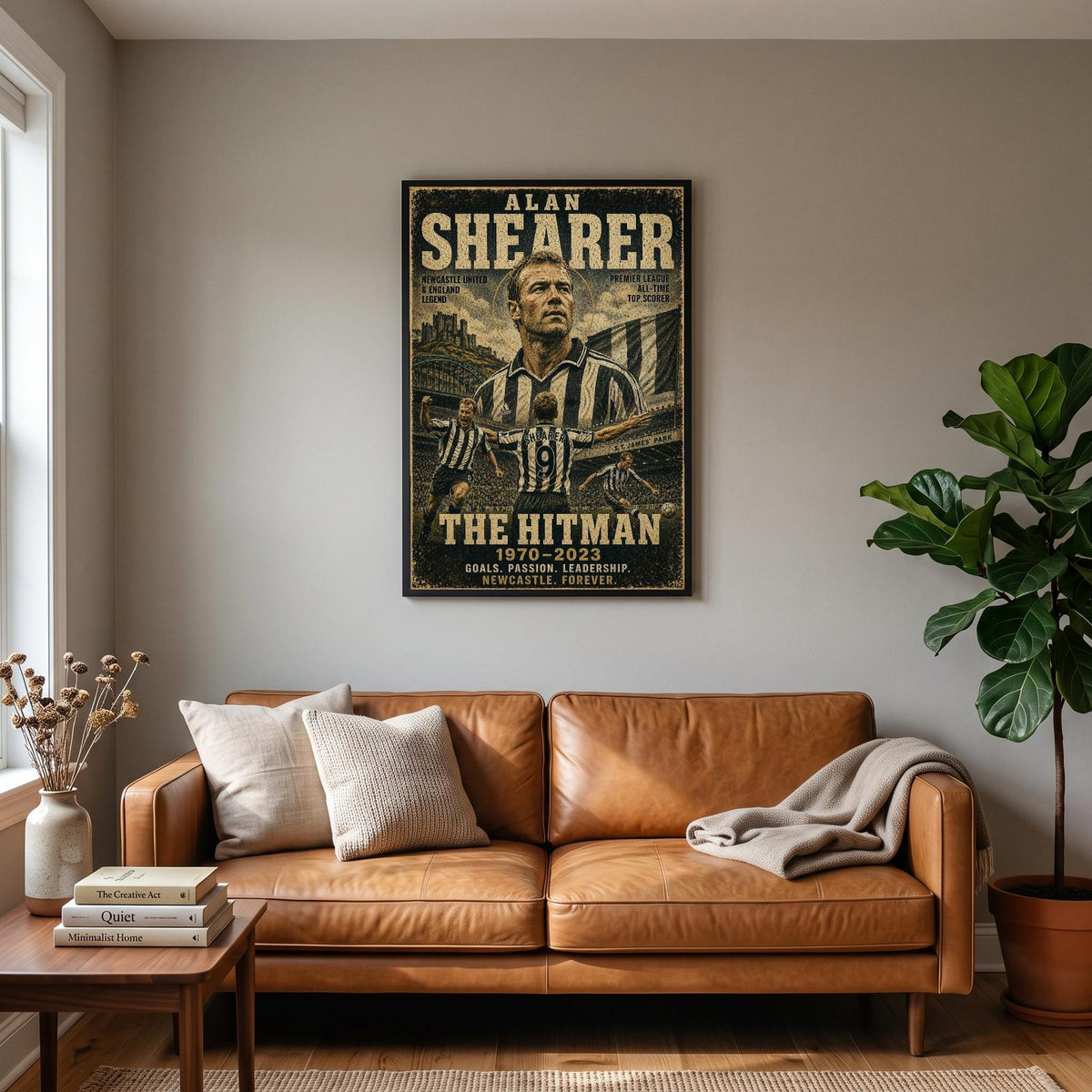 Alan Shearer Newcastle United Legend Print hanging on a living room wall
