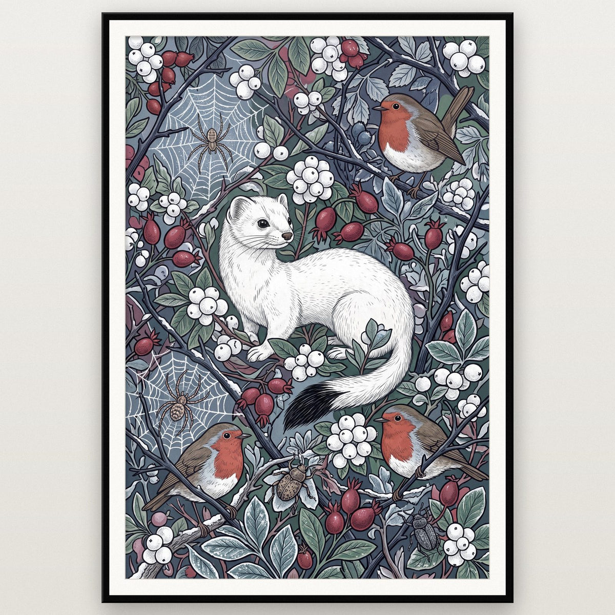 Stoat In Winter Botanical Art Print