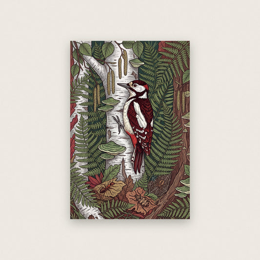 Woodpecker On Silver Birch Botanical Art Print