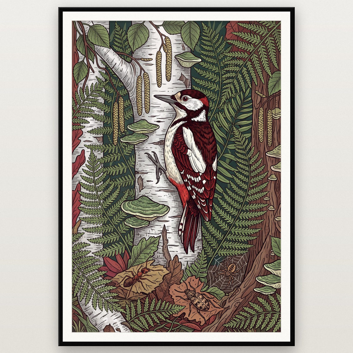 Woodpecker On Silver Birch Botanical Art Print