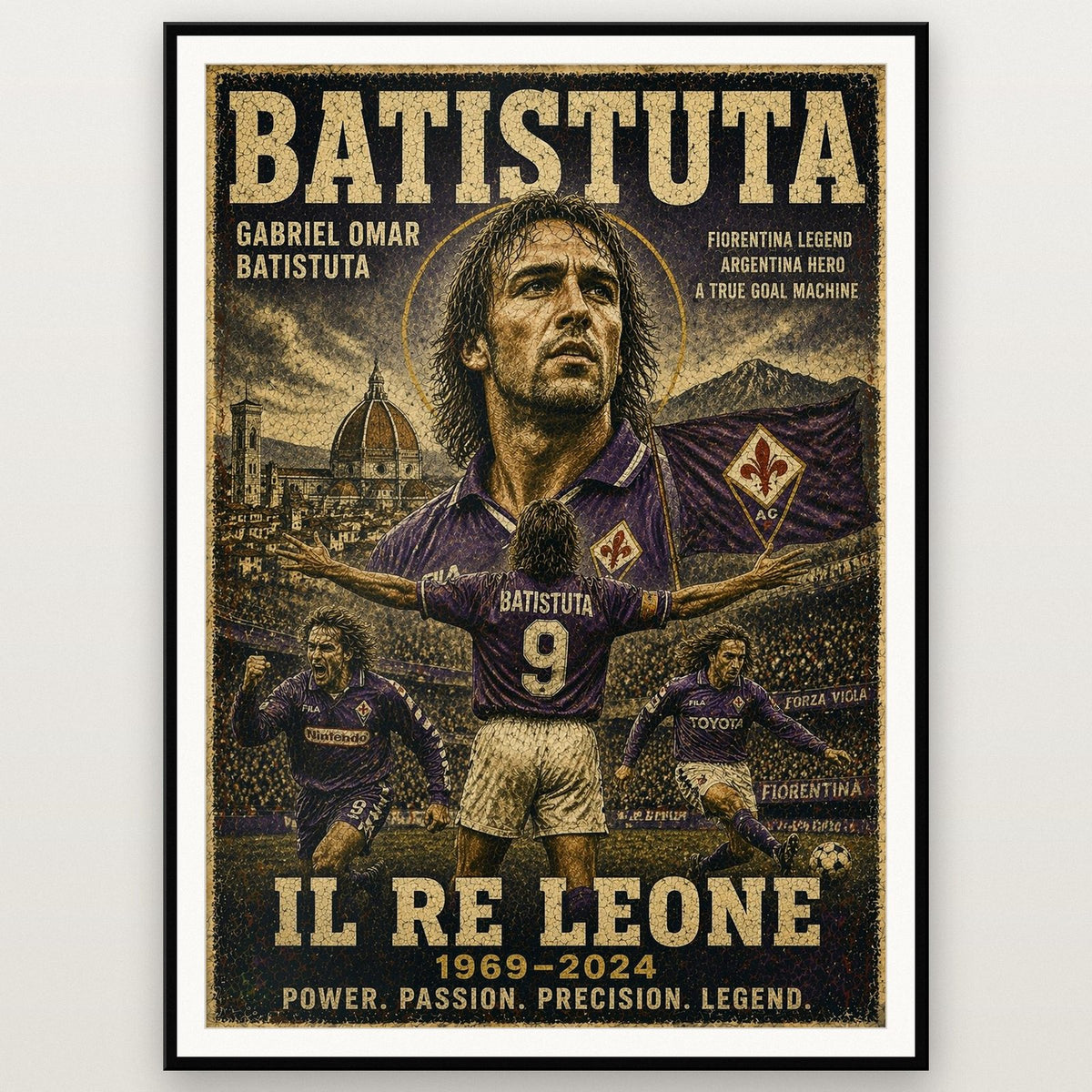 Gabriel Batistuta Football Legend Print shown in a black frame