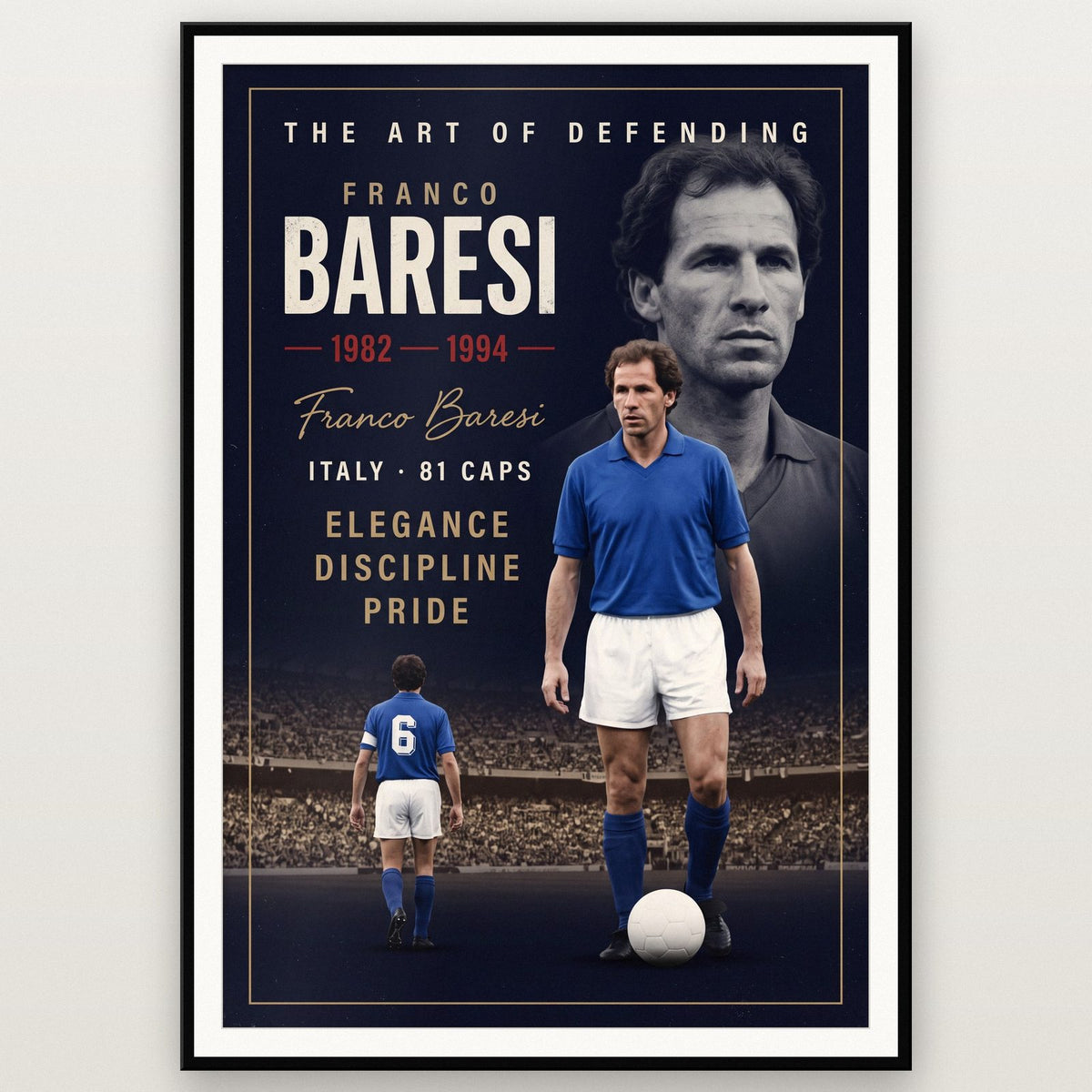 Franco Baresi AC Milan Italy Legend Print shown in a black frame
