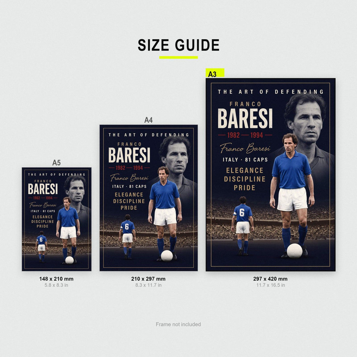 Franco Baresi AC Milan Italy Legend Print size guide showing A3, A4 and A5
