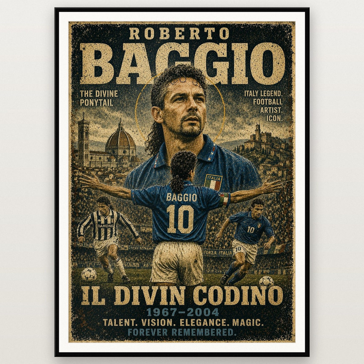 Roberto Baggio Vintage Football Poster shown in a black frame
