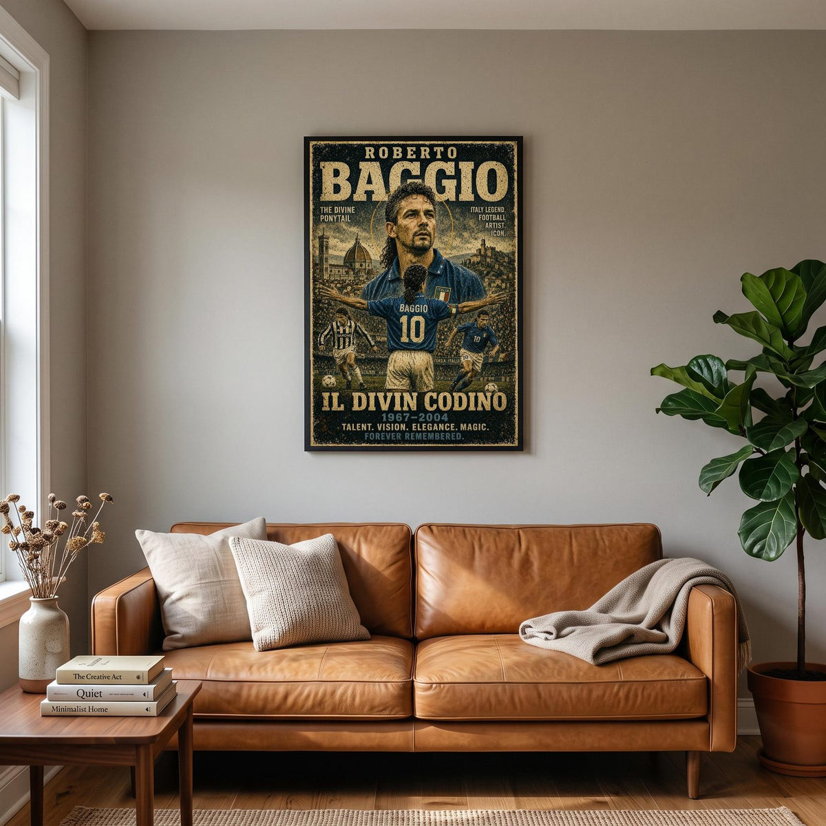 Roberto Baggio Vintage Football Poster hanging on a living room wall