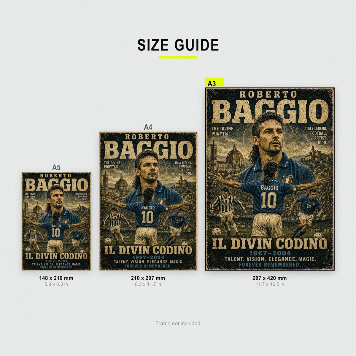 Roberto Baggio Vintage Football Poster size guide showing A3, A4 and A5