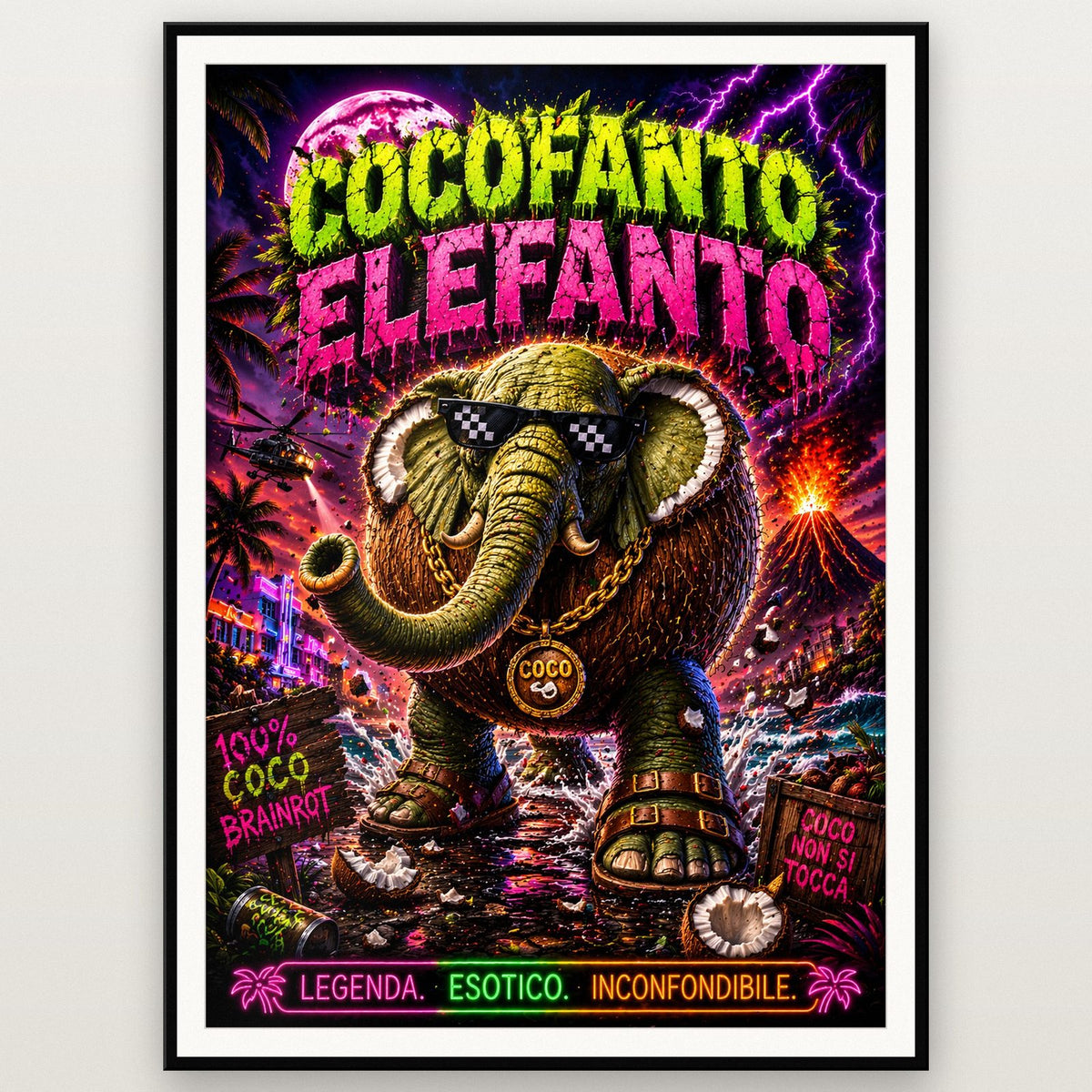 Cocofanto Elefanto Neon Poster shown in a black frame