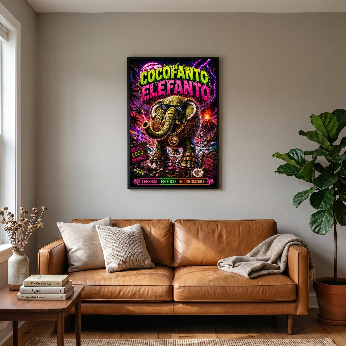 Cocofanto Elefanto Neon Poster hanging on a living room wall