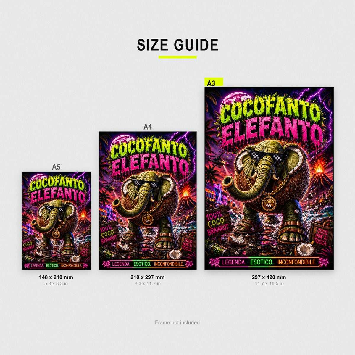 Cocofanto Elefanto Neon Poster size guide showing A3, A4 and A5