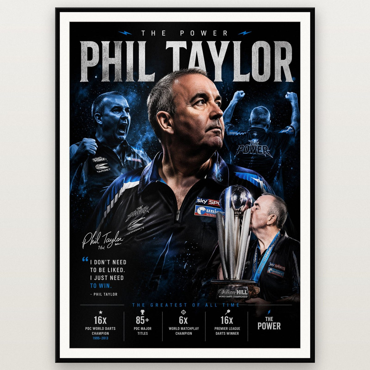 Phil Taylor "The Power" Darts Champion Poster shown in a black frame