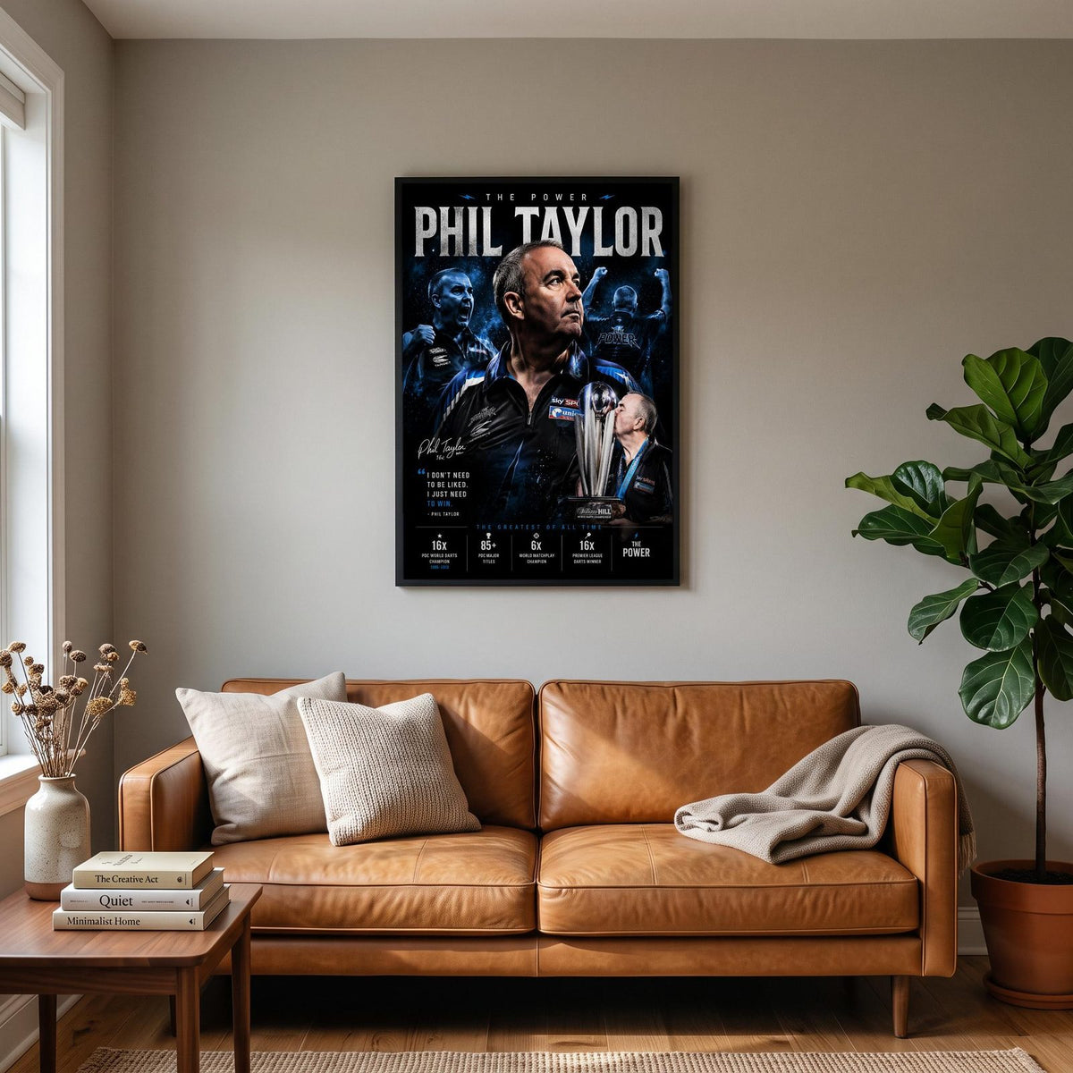 Phil Taylor "The Power" Darts Champion Poster hanging on a living room wall
