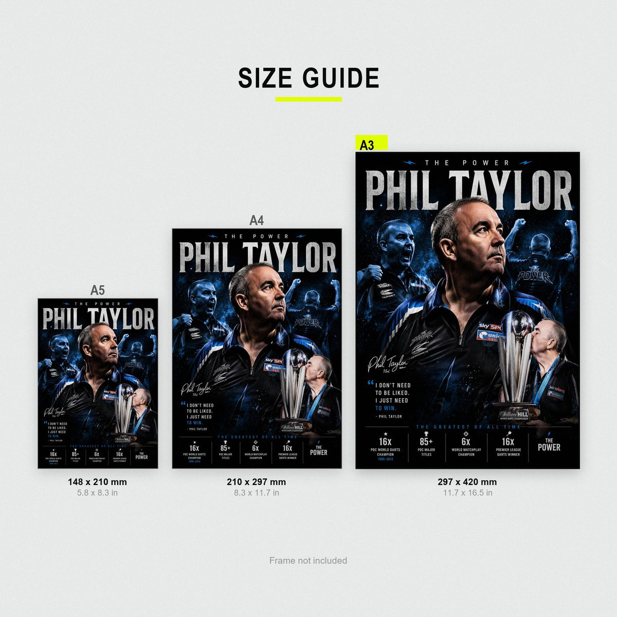 Phil Taylor "The Power" Darts Champion Poster size guide showing A3, A4 and A5