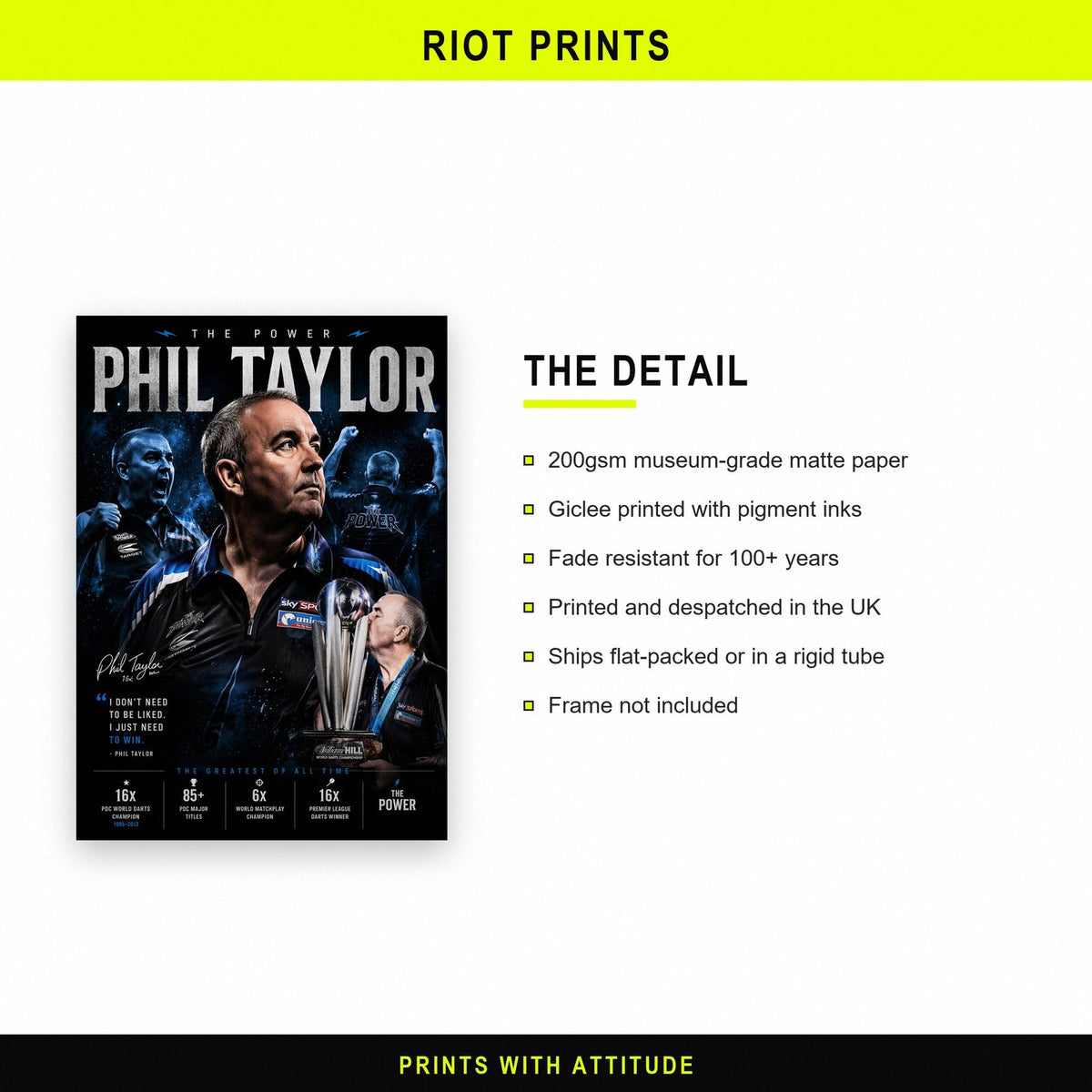 Phil Taylor "The Power" Darts Champion Poster paper and printing specification