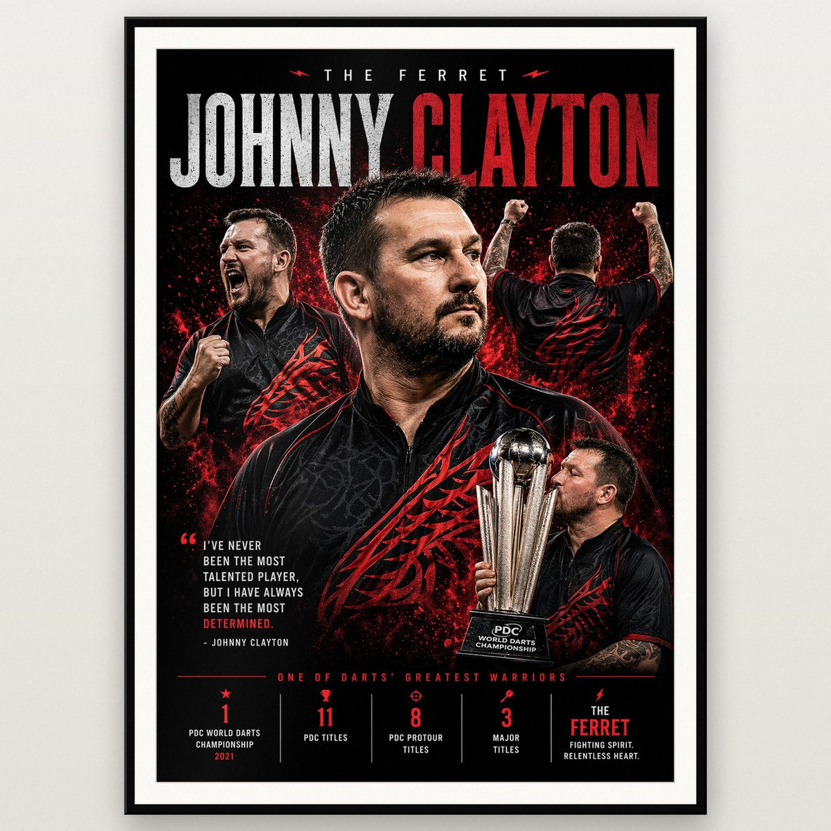 Johnny Clayton "The Ferret" Darts Champion Print shown in a black frame