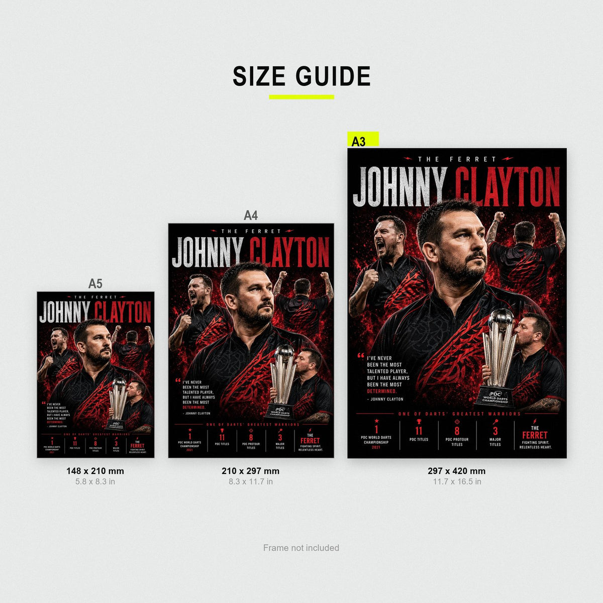 Johnny Clayton "The Ferret" Darts Champion Print size guide showing A3, A4 and A5