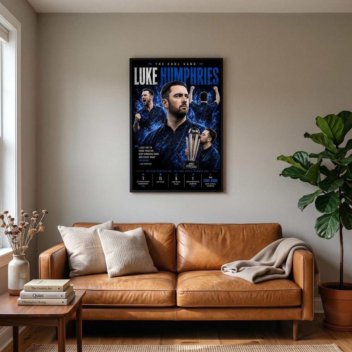 Luke Humphries Hand Darts Champion Print hanging on a living room wall