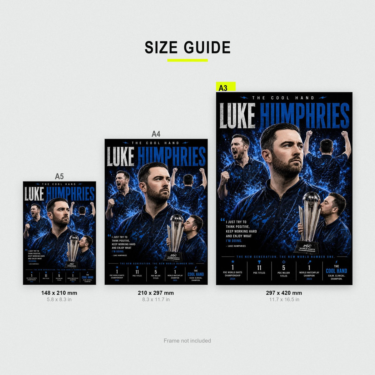 Luke Humphries Hand Darts Champion Print size guide showing A3, A4 and A5