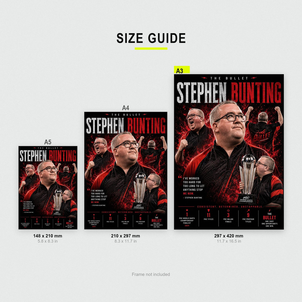 Stephen Bunting The Bullet Darts Print size guide showing A3, A4 and A5