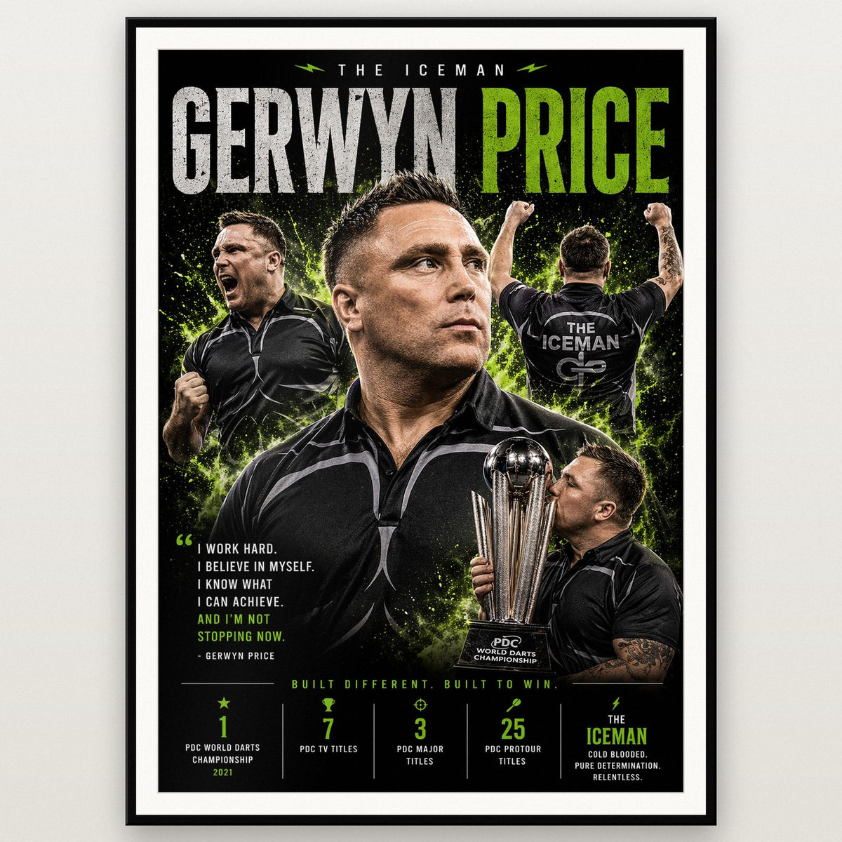 Gerwyn Price "The Iceman" Darts Champion Print shown in a black frame
