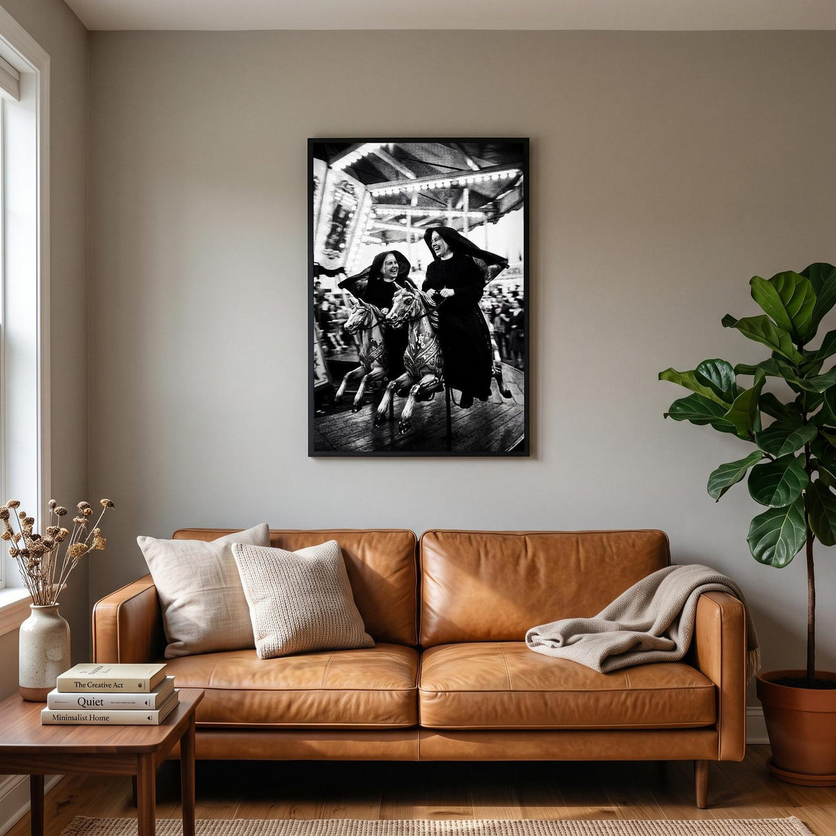 Nuns On The Carousel Black And White Photographic Print