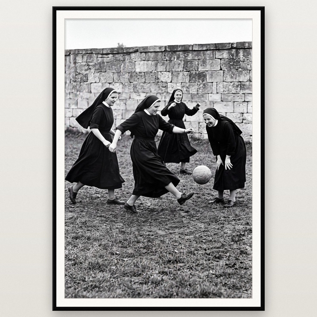Nuns Playing Football Black And White Photographic Print