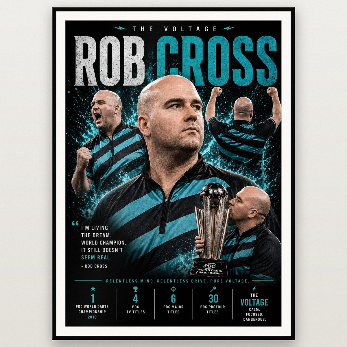 Rob Cross "The Voltage" PDC World Champion Darts Poster shown in a black frame