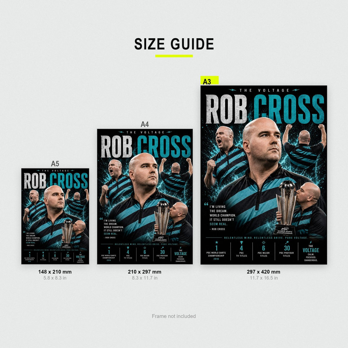 Rob Cross "The Voltage" PDC World Champion Darts Poster size guide showing A3, A4 and A5