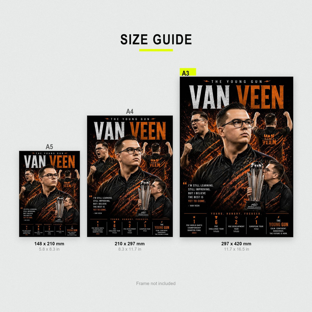 Van Veen The Young Gun Darts Print size guide showing A3, A4 and A5